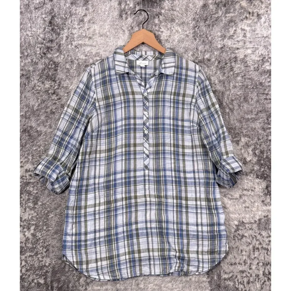J Jill Top Medium Womens Love Linen Blue Plaid Popover Tunic Shirt
